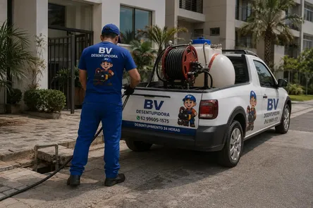 Equipe da BV Desentupidora realizando desentupimento em Goiânia