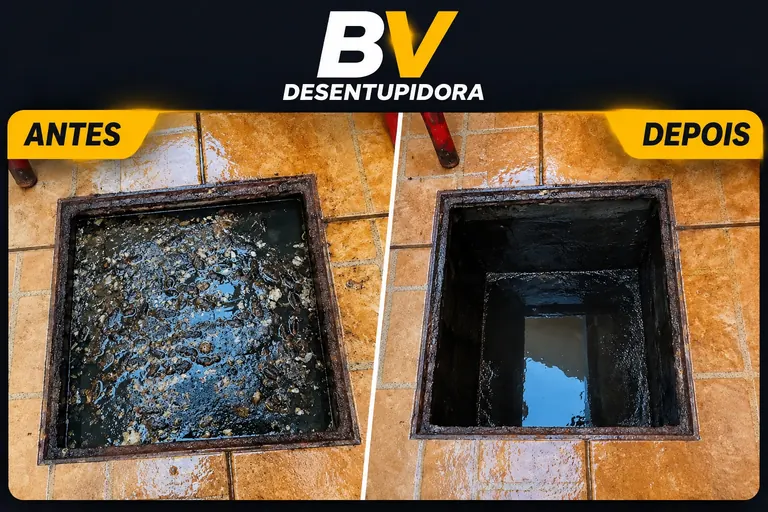 Antes e depois de desentupimento de caixa de esgoto em Goiânia – BV Desentupidora