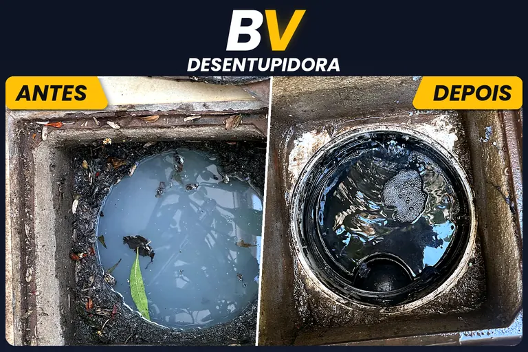 Antes e depois de desentupimento de caixa de gordura em Goiânia – BV Desentupidora
