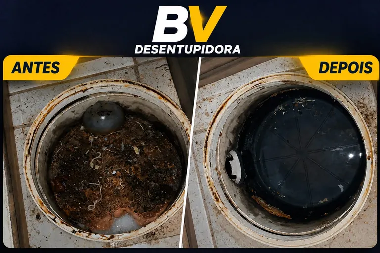 Antes e depois de limpeza de caixa de gordura em Goiânia – BV Desentupidora